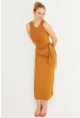 Kadın Camel Büzgülü Kolsuz Midi Elbise TF75
