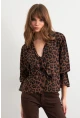 Kadın Camel-Siyah Bağlama Detaylı Leopar Gömlek FS9340