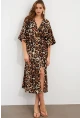 Kadın Camel-Siyah Kruvaze Leopar Midi Elbise KAB306