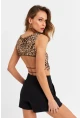 Kadın Camel-Siyah Sırtı Açık Leopar Crop Bluz ZH138