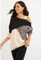 Kadın Camel-Siyah Tek Omuz Leopar Desen Bloklu Sweatshirt MBK231066
