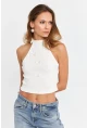 Kadın Ekru Kurdele Detaylı Halter Yaka Bluz MTK13231