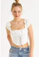 Kadın Ekru Kuş Gözlü Crop Bluz YEL221128