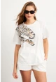 Kadın Ekru Leopar Baskılı T-Shirt FİR2137