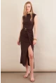 Kadın Kahverengi Eteği Kruvaze Tokalı Midi elbise KED7340