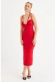Kadın Kırmızı Çift Askılı V Yaka Midi Elbise EY3087
