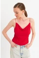 Kadın Kırmızı Degaje Yaka Basic Askılı Bluz YDF101