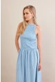 Kadın Mavi Beli Lastikli Gipeli Midi Elbise ZH130