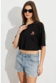 Kadın Siyah Ayıcık Nakışlı Crop T-Shirt ATS8700