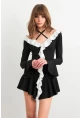 Kadın Siyah-Beyaz Volanlı İspanyol Kol Mini Elbise DCF108