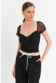 Kadın Siyah Büzgülü Tül Crop Bluz TPG04