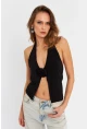 Kadın Siyah Gül Aksesuar Detaylı Crop Bluz ELT3923