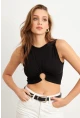 Kadın Siyah Halkalı Crop Bluz EY3094