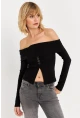 Kadın Siyah Madonna Yaka Yırtmaçlı Crop Bluz ELT4034