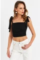 Kadın Siyah Omuz Bağlamalı Crop Bluz B5023
