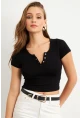 Kadın Siyah Önü Düğmeli Basic T-Shirt TOP07