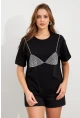 Kadın Siyah Straslı Oversize T-Shirt TPG13