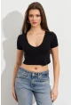 Kadın Siyah V Yaka Crop Bluz TOP101
