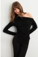 Kadın Siyah Yanları Büzgülü Degaje Bluz SF2561