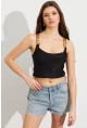 Kadın Siyah Zincir Askılı Astarlı Crop Bluz LİT109
