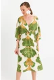 Kadın Yeşil-Beyaz Desenli Pencereli Midi Elbise Q1003