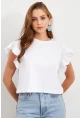 Kadın Beyaz Kolları Volanlı Crop T-Shirt SAN100