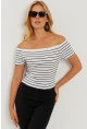 Kadın Beyaz Madonna Yaka Çizgili Kaşkorse Bluz AYD311