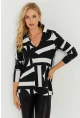 Kadın Beyaz-Siyah Desenli Polo Yaka Bluz AYD240