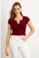 Kadın Bordo Önü Düğmeli Basic T-Shirt TOP07