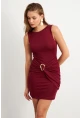 Kadın Bordo Toka Detaylı Büzgülü Mini Elbise KED2365