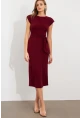Kadın Bordo Vatkalı Kuşaklı Midi Elbise UG713