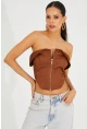 Kadın Bronz Fermuarlı Straplez Crop Bluz SF2502