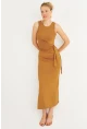 Kadın Camel Büzgülü Kolsuz Midi Elbise TF75