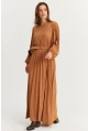 Kadın Camel Kemerli Plili Maxi Elbise ALZ500