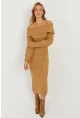 Kadın Camel Madonna Yaka Triko Midi Elbise KZ2503