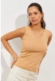 Kadın Camel Merdiven Yaka Triko Bluz YV83