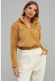 Kadın Camel Önü Fermuarlı Crop Peluş Sweatshirt DA85