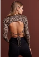 Kadın Camel Sırt Dekolteli Leopar Desenli Crop Bluz LPP1131