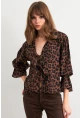 Kadın Camel-Siyah Bağlama Detaylı Leopar Gömlek FS9340