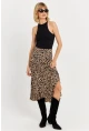 Kadın Camel-Siyah Fırfırlı Asimetrik Leopar Midi Etek LON3011