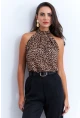 Kadın Camel-Siyah Halter Yaka LeoparDesenli Bluz LPP1273