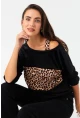 Kadın Camel-Siyah Kadife Bloklu Leopar Desenli Sweatshirt ST097