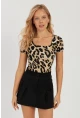 Kadın Camel-Siyah Kare Yaka Leopar Desenli Bluz LPP1258