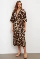 Kadın Camel-Siyah Kruvaze Leopar Midi Elbise KAB306