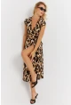 Kadın Camel-Siyah Kuruvaze Bağlamalı Leopar Desenli Midi Elbise EY2896