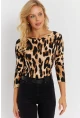 Kadın Camel-Siyah Leopar Desenli Bürümcük Bluz EY2894