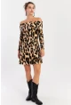 Kadın Camel-Siyah Madonna Yaka Leopar Mini Elbise EY2915