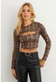 Kadın Camel-Siyah Pencereli Leopar Bluz XL10058