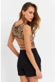 Kadın Camel-Siyah Sırtı Açık Leopar Crop Bluz ZH138