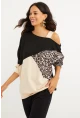 Kadın Camel-Siyah Tek Omuz Leopar Desen Bloklu Sweatshirt BK231066